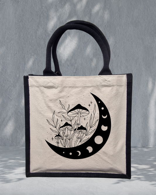 Moon and Mushrooms - Midi Jute Tote Bag