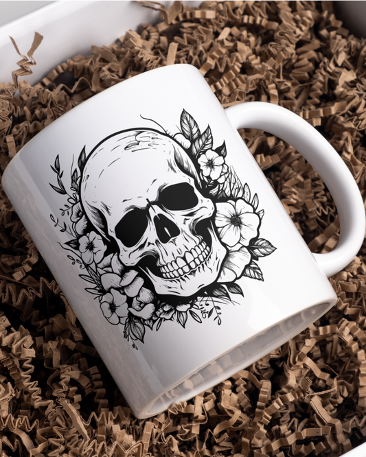 Skull With Flowers And Leaves - Ceramic Mug