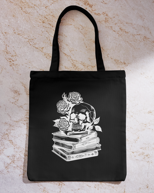 Skull with books - Black Tote Bag